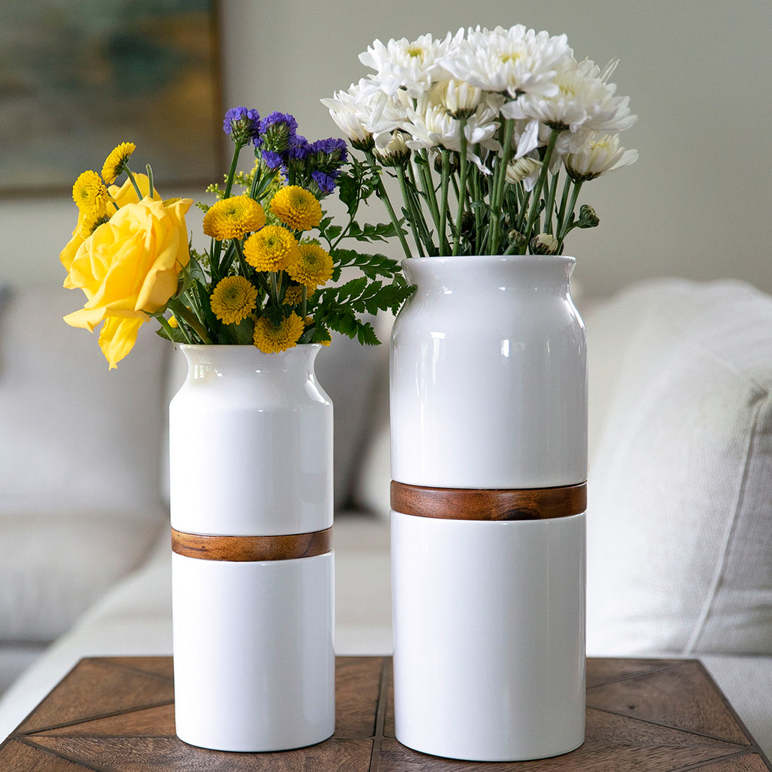 Sky Urns Pet Urn Vase: White with Dark Wood