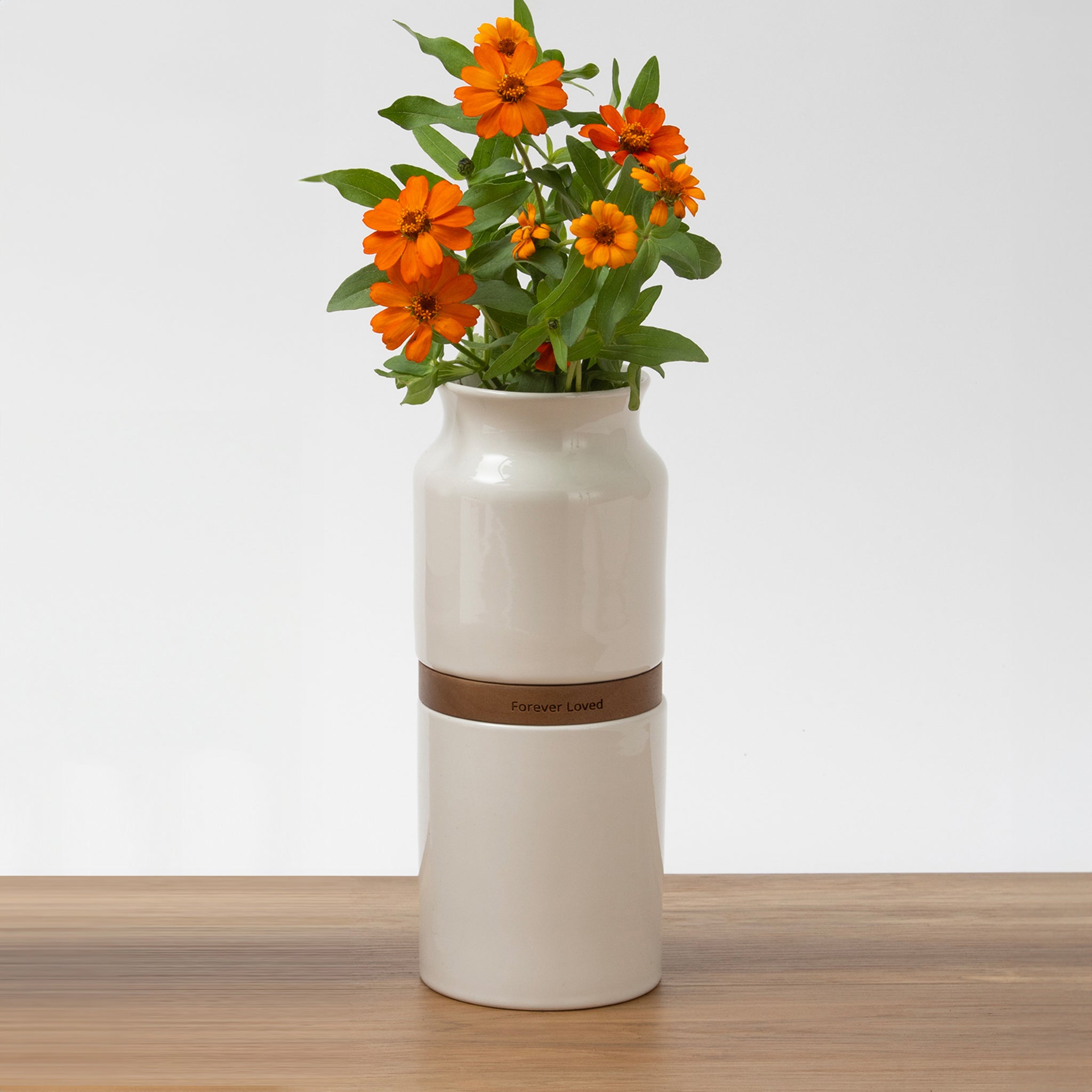 Vega Pet Urn Vase: White with Dark Wood