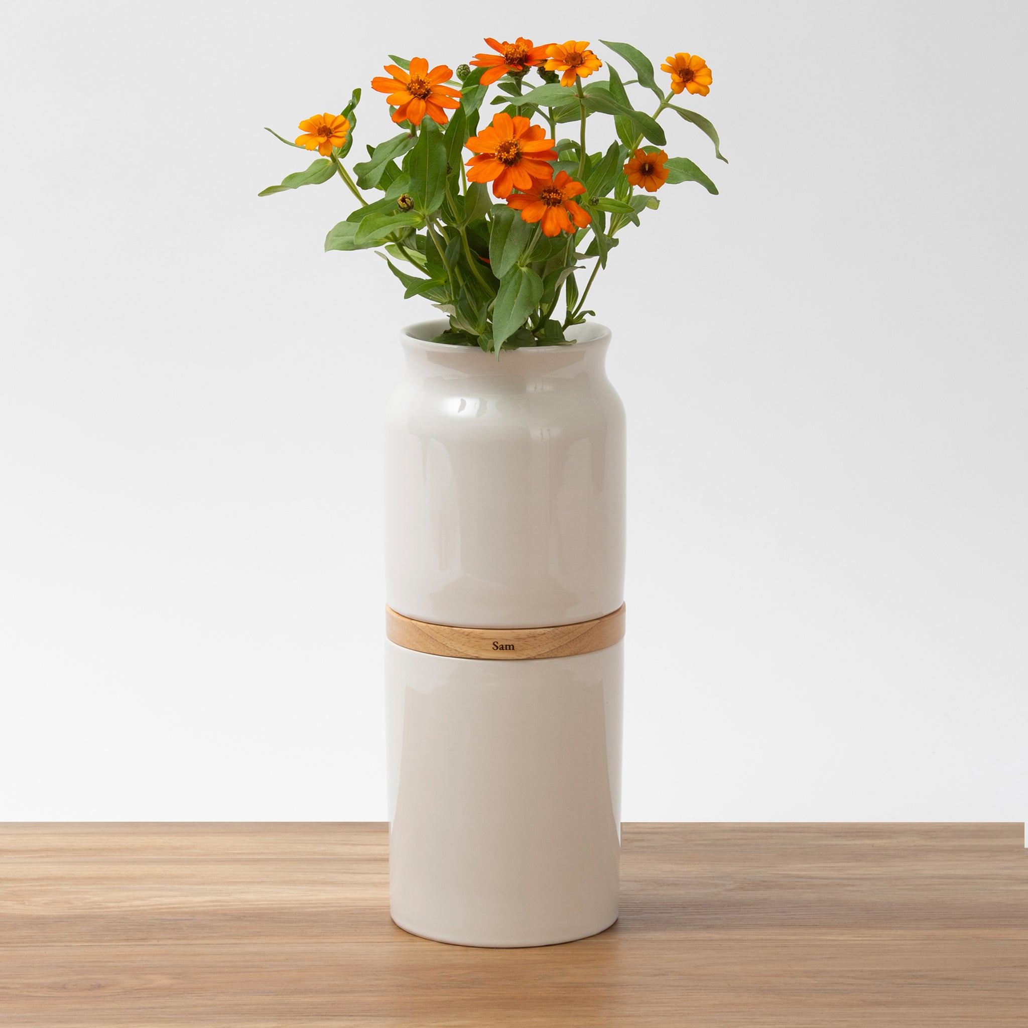 Vega Pet Urn Vase: White with Light Wood