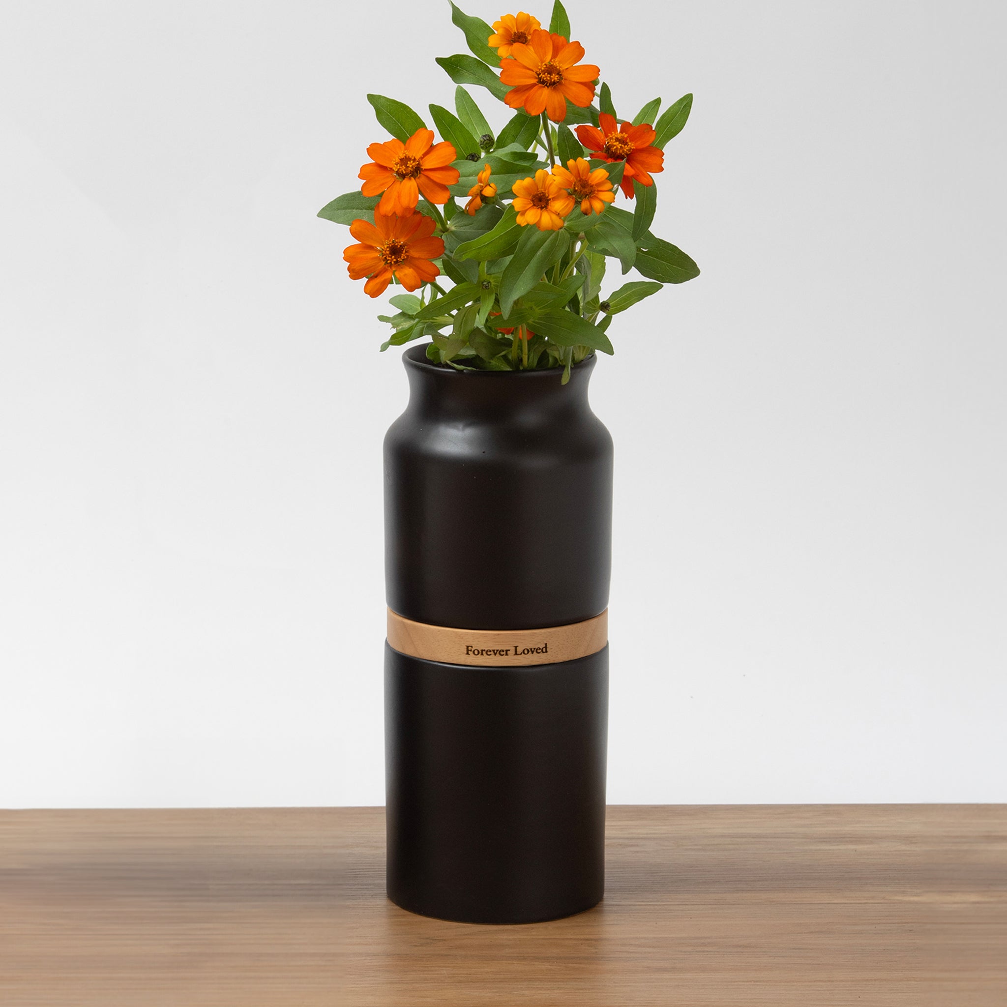 Vega Pet Urn Vase: Black with Light Wood