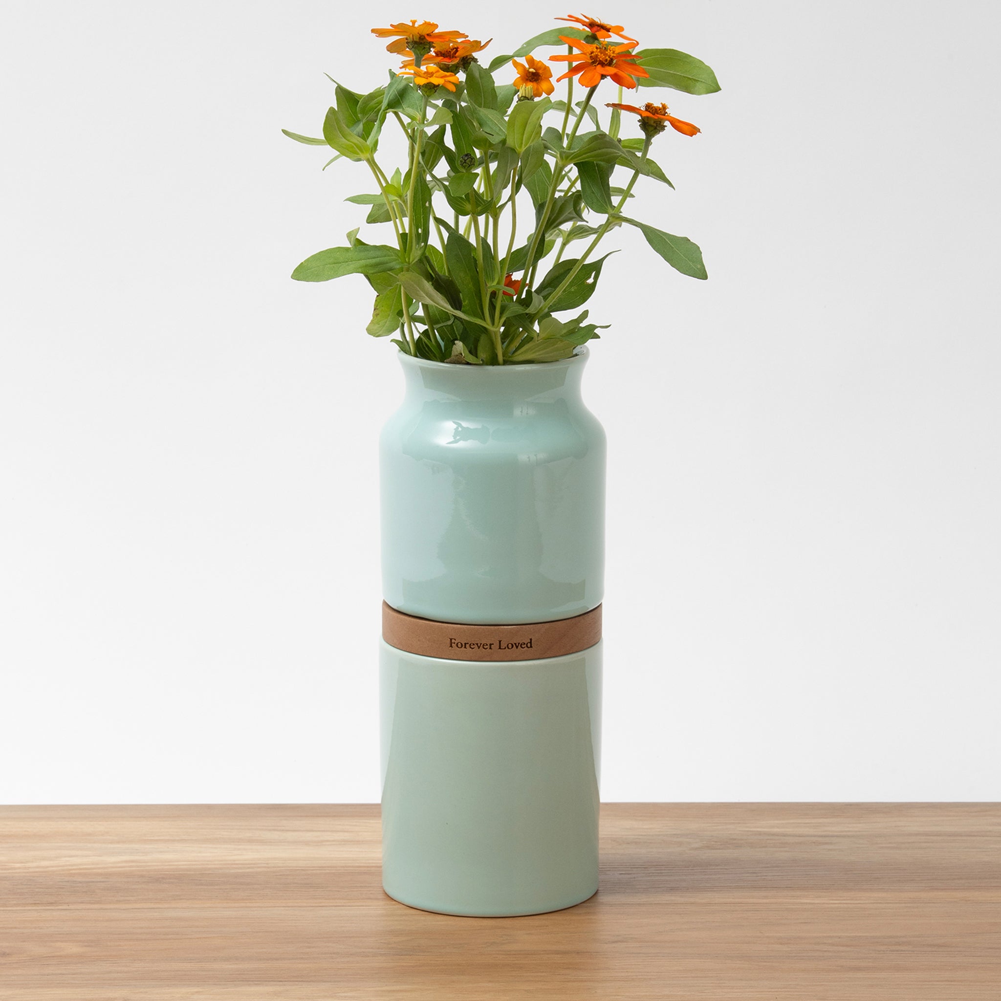 Vega Pet Urn Vase: Blue with Dark Wood