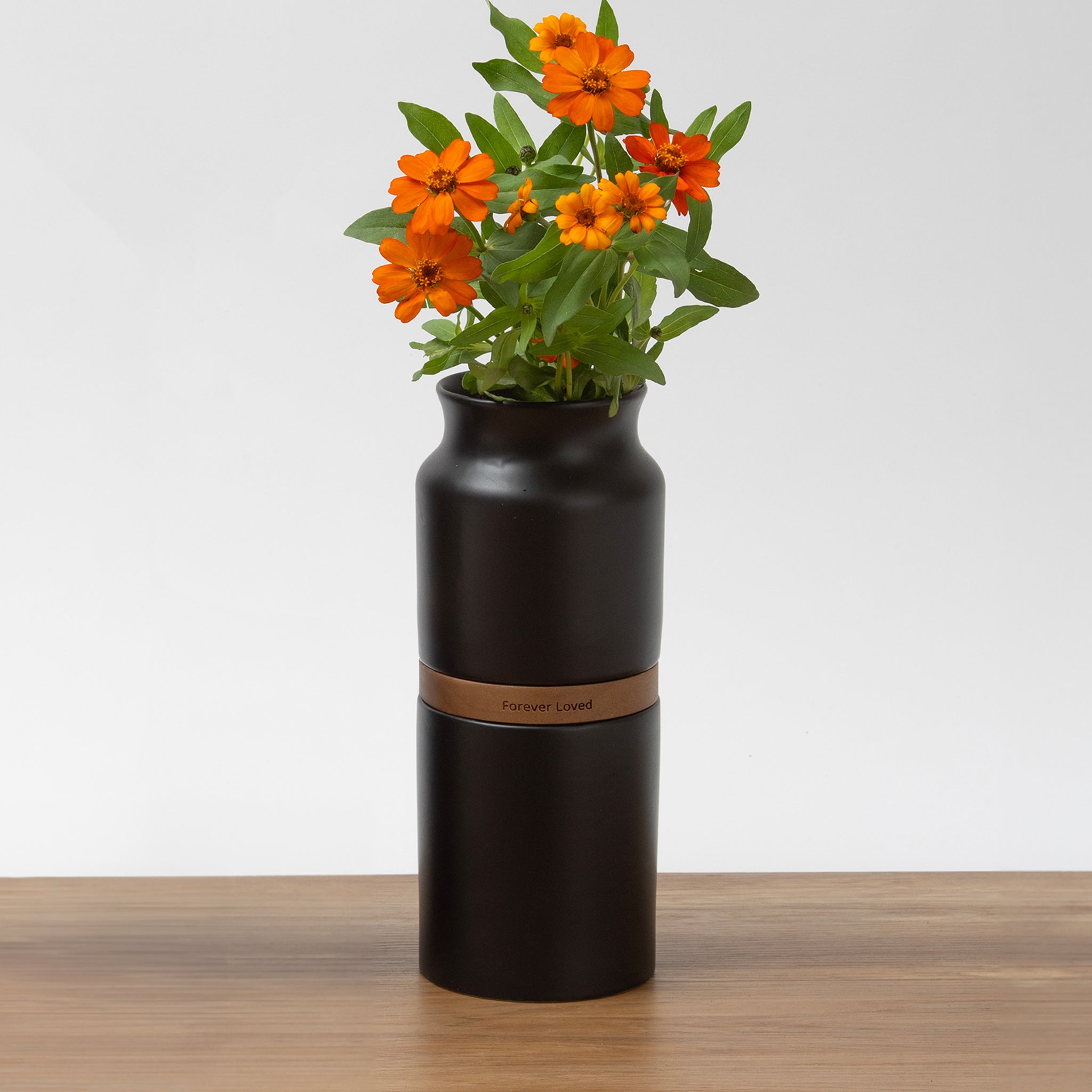 Vega Pet Urn Vase: Black with Dark Wood