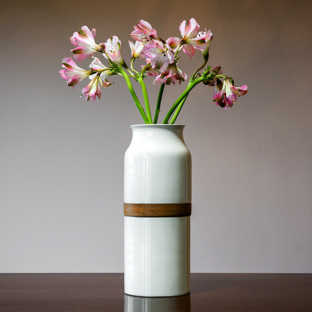 Vega Vase Urn in White With Dark Wood